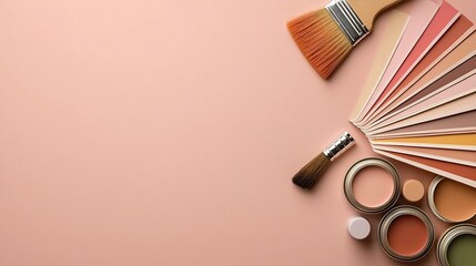 Poster - Neatly Arranged Colorful Paint Swatches with Paintbrushes and Small Sample Cans Showcasing a Modern and Color Palette for Creative or Home Decor
