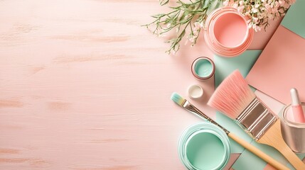 Poster - A clean and minimal image showcasing an arranged display of colorful paint swatches a paintbrush and small paint sample cans creating a visually striking and setup for design art