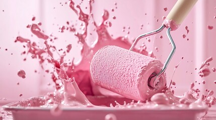 Poster - Detailed Close up View of a Paint Roller Being Cleaned in a Tray Filled with Light Pink Paint Resulting in and Colorful Paint Splashes and Drips