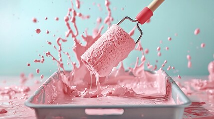 Poster - Close up of a paint roller being cleaned in a tray filled with light pink paint with drops and splatters of the paint distributed across the frame creating an abstract and vibrant visual texture