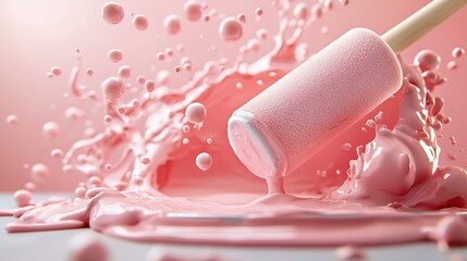 Poster - Close up view of a paint roller being cleaned in a tray filled with light pink paint with splatters and drops creating a vibrant textured and abstract composition