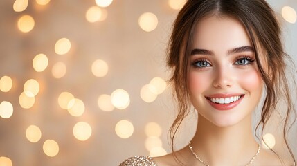 Wall Mural - A smiling woman with long hair against a blurred, warm bokeh background, exuding joy and elegance.