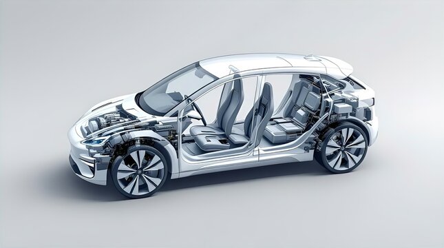 Exploded View of a Futuristic Electric Vehicle:  Revealing Interior and Mechanical Components in a Studio Setting