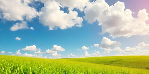 landscape Green grass, fresh grass growing in idyllic landscape with yellow dandelion flowers, nature under a blue sky, mountain landscape background (2)