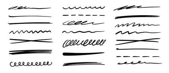 Aufkleber - Line pen brush marker stroke underline vector set. Hand drawn doodle sketch pen brush stroke scribble underline. Marker emphasis doodle sketch grunge highlight. Vector illustration