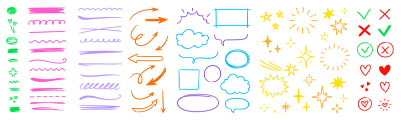Aufkleber - Line arrow hand drawn shape brush underline stroke element vector set. Hand drawn doodle sketch arrow, circle, star brush stroke scribble underline icon. Marker doodle sketch vector illustration