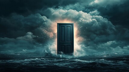 Poster - A conceptual and surreal image depicting a floating door in the sky wide open and spilling out bright light symbolizing new opportunities transformative journeys and the beginning of a fresh chapter