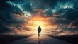 © Heng Heng - AI Stock - A lone figure standing at the edge of a vast and breathtaking landscape gazing out towards a glowing sunrise on the distant horizon symbolizing hope new journeys and the start of something new