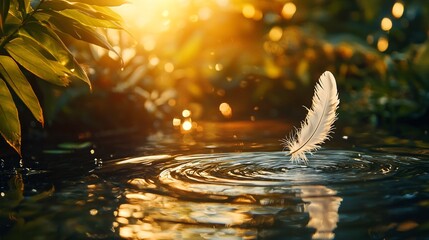 Poster - A delicate white feather floating gently above calm rippling waters illuminated by the warm golden glow of the sun symbolizing peace tranquility and the start of a new chapter