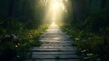 Poster - Enchanted pathway of luminous light guiding the way through a lush verdant forest leading toward a bright promising and unknown future filled with possibilities and growth  This symbolic