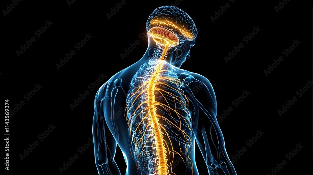 Illustrated nervous system with brain and spinal cord pathways ...