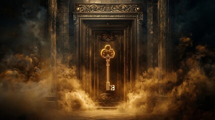 Poster - Glowing Key Hovering in Front of a Mysterious Door Surrounded by a Soft Golden Mist Symbolizing Unlocking of New Possibilities and Fresh Starts for the Future