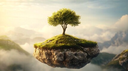 Poster - A majestic tree standing tall on a small floating island in the sky surrounded by a captivating golden glow that symbolizes resilience and the strength to overcome challenges in life