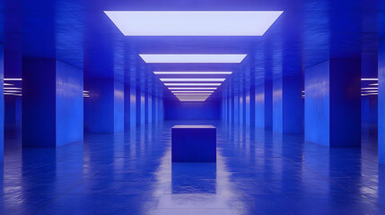 Poster - Abstract blue corridor with glowing lights and reflective floor.