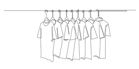 continuous line drawing of set of men's t-shirts hanging.one line drawing of shop selling men's t-shirts.single line vector illustration of men's t-shirt clothing.isolated white background