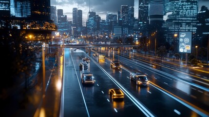 Poster - Futuristic autonomous vehicles in a modern transportation hub downtown cityscape nighttime urban environment