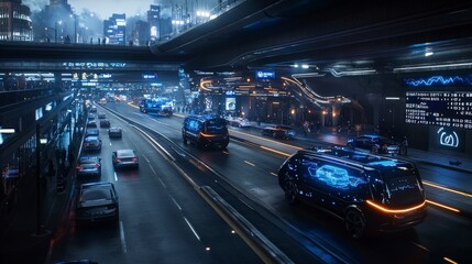 Poster - Futuristic autonomous vehicle hub urban cityscape digital art nighttime ground level innovative transport concepts