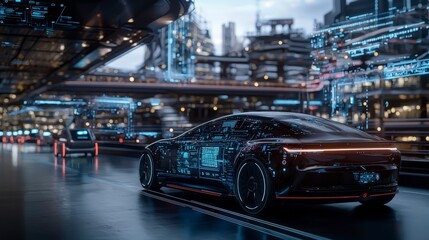 Poster - Autonomous vehicles revolutionizing urban transport futuristic city digital art nighttime setting aerial view innovation