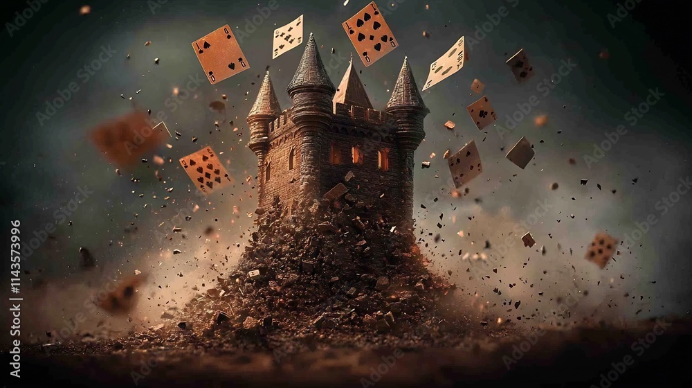 Towering castle of cards collapsing in slow motion representing the ...
