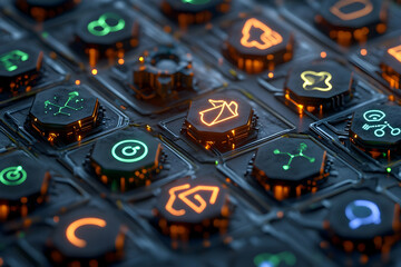 Poster - Abstract digital icons glowing on circuit board.