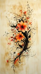 Poster - A vibrant floral design featuring orange flowers and intricate black swirls on a textured background.