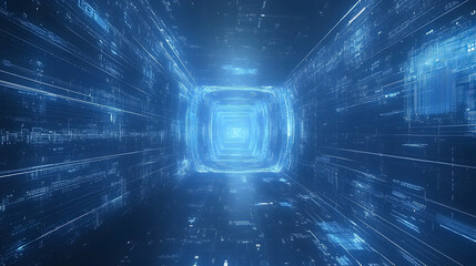 Poster - Abstract digital tunnel with glowing blue data streams.