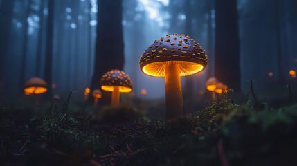 Poster - Enchanted forest scene with glowing mushrooms under a misty atmosphere.