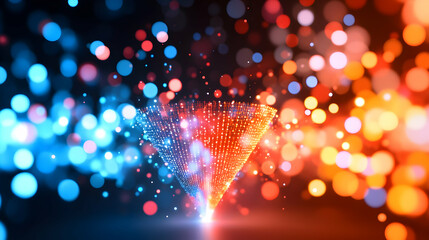 Poster - Abstract glowing funnel with blue and orange particles.