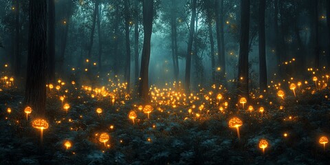 Aufkleber - A mystical forest illuminated by glowing flowers, creating an enchanting atmosphere.