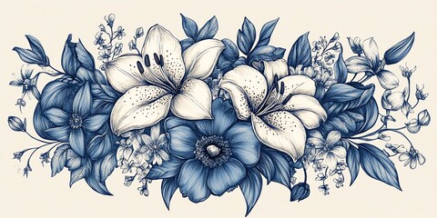 Poster - A detailed floral illustration featuring various blue and white flowers.