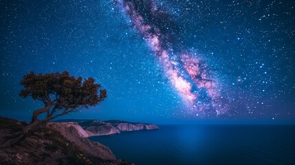Wall Mural - Silhouetted tree on a rocky cliff overlooking a calm ocean with the Milky Way in the night sky. AI generative. .