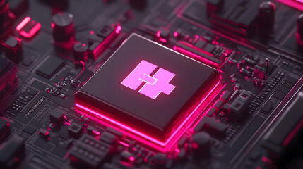 Poster - Close-up of a pink processor chip on a circuit board.
