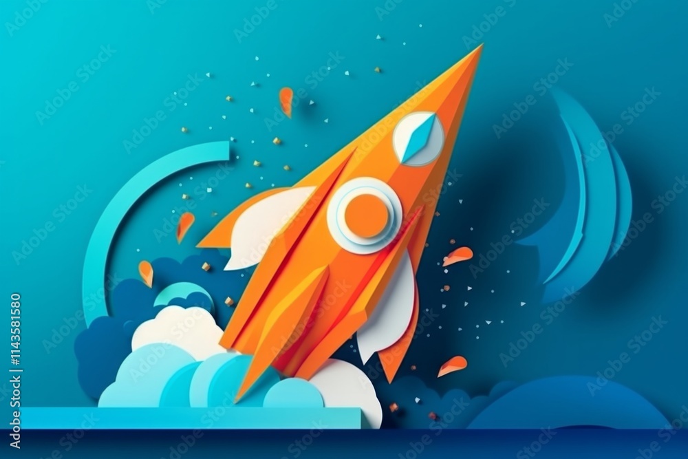 Orange rocket taking off from blue and white paper clouds. AI ...