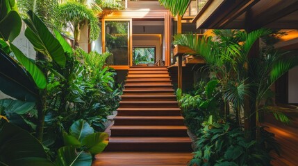 Wall Mural - Wooden Staircase Leading to a Tropical Paradise