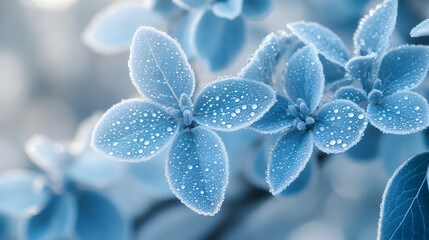 Wall Mural - Close-up of frost-covered leaves with water droplets.