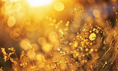 Wall Mural - golden sunset illuminating plants with soft bokeh effect