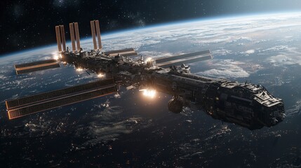 Fototapete - Private spaceflights from a serene space station in orbit capturing stunning views of earth science fiction concept