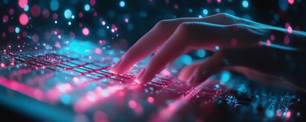 Poster - A hand poised over a backlit keyboard, typing on a device with an AIgenerated digital interface, capturing the fusion of human input and artificial intelligence