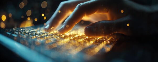 Poster - A hand poised over a backlit keyboard, typing on a device with an AIgenerated digital interface, capturing the fusion of human input and artificial intelligence