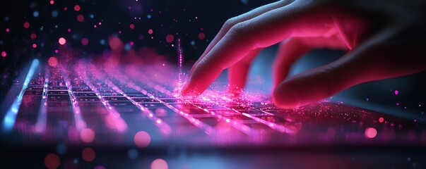 Poster - A hand poised over a backlit keyboard, typing on a device with an AIgenerated digital interface, capturing the fusion of human input and artificial intelligence