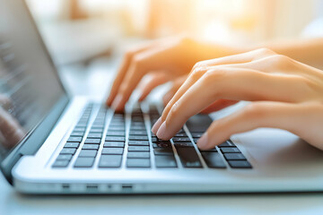 Poster - Close-up of hands typing on laptop keyboard.
