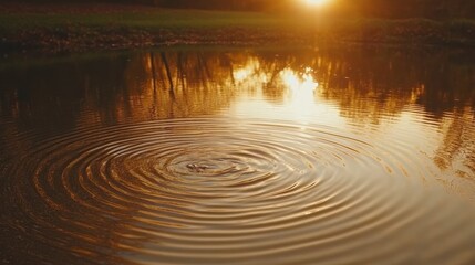 Wall Mural - Serene Sunset Reflections on Water Surface with Circular Ripples Surrounded by Tranquil Nature and Warm Sunlight in a Peaceful Setting