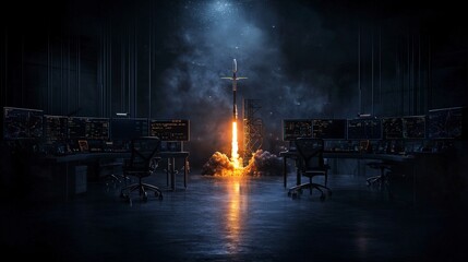 Poster - Rocket launch control room private spaceflight company digital art futuristic environment aerial view innovation