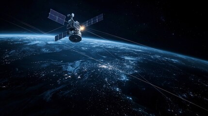 Leinwandbilder - Satellite transmitting data over earth space digital artwork dark environment aerial view communication technology