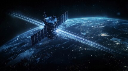 Leinwandbilder - Satellite orbiting earth space exploration digital art cosmic environment aerial view peaceful concept
