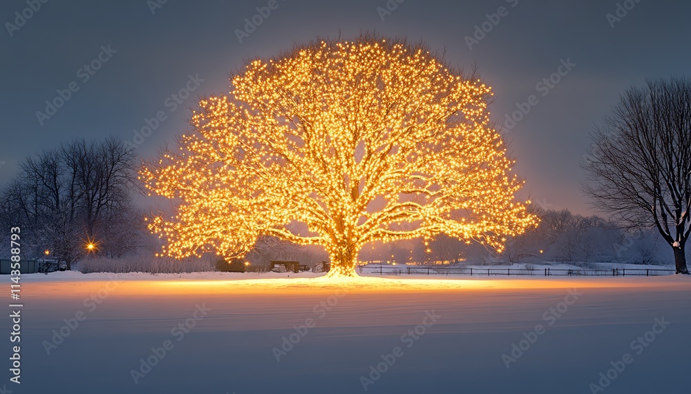 A tree illuminated with thousands of tiny lights at night, casting a ...