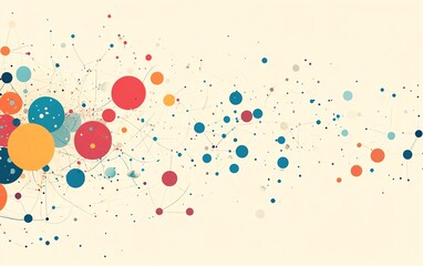 Poster - Abstract network of interconnected dots and colorful spheres, illustrating technology, digital communication, and social media concepts, with a soft beige background