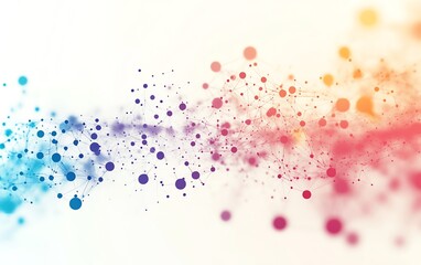 Poster - Abstract network of interconnected dots and colorful spheres, illustrating technology, digital communication, and social media concepts, with a soft beige background