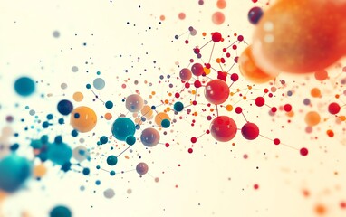 Poster - Abstract network of interconnected dots and colorful spheres, illustrating technology, digital communication, and social media concepts, with a soft beige background