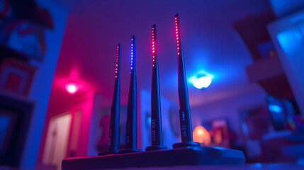 Poster - Five sleek antennas with red and blue LED lights in a home setting.